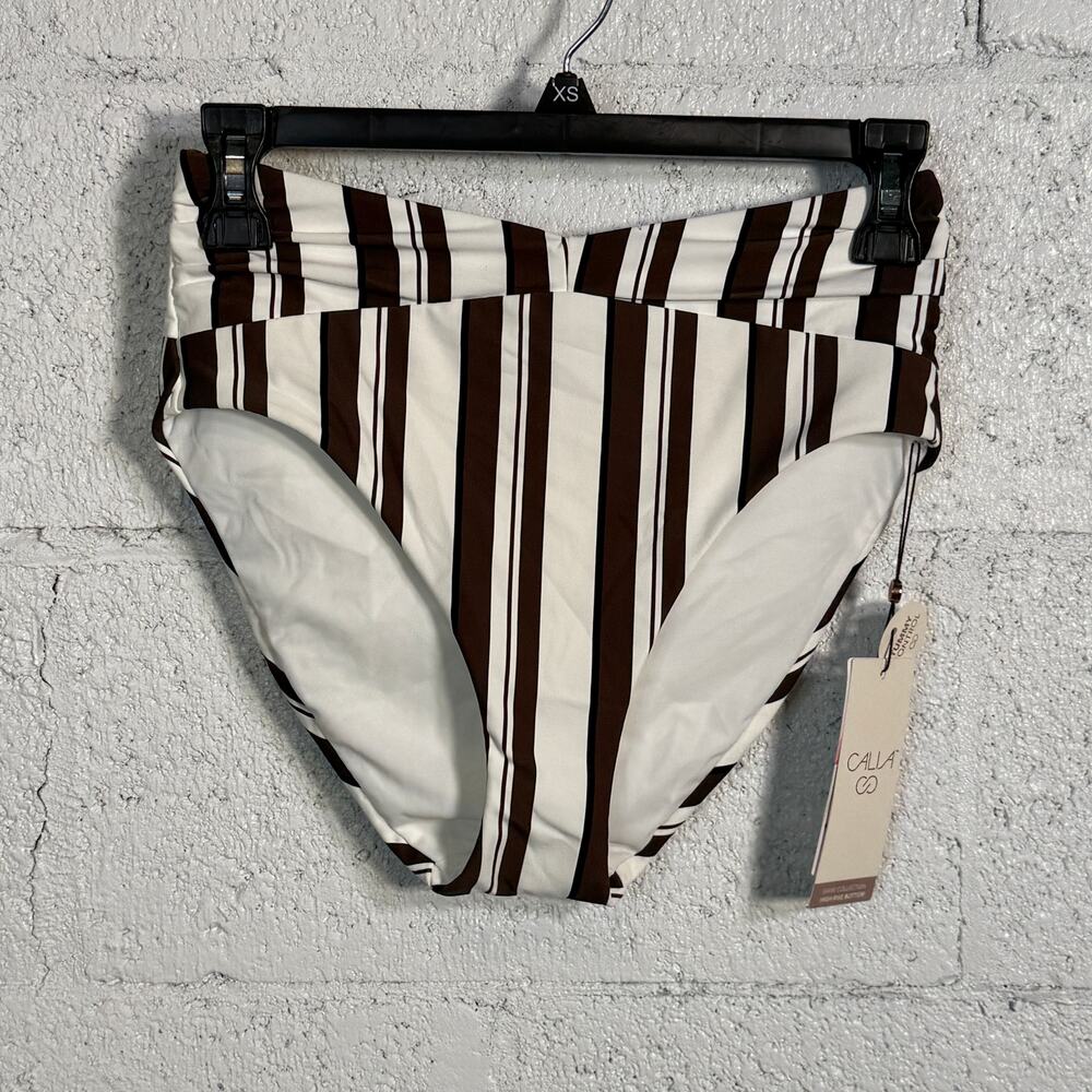 CALIA Women's High Rise Shirred V Front Swim Bottoms stripped XS